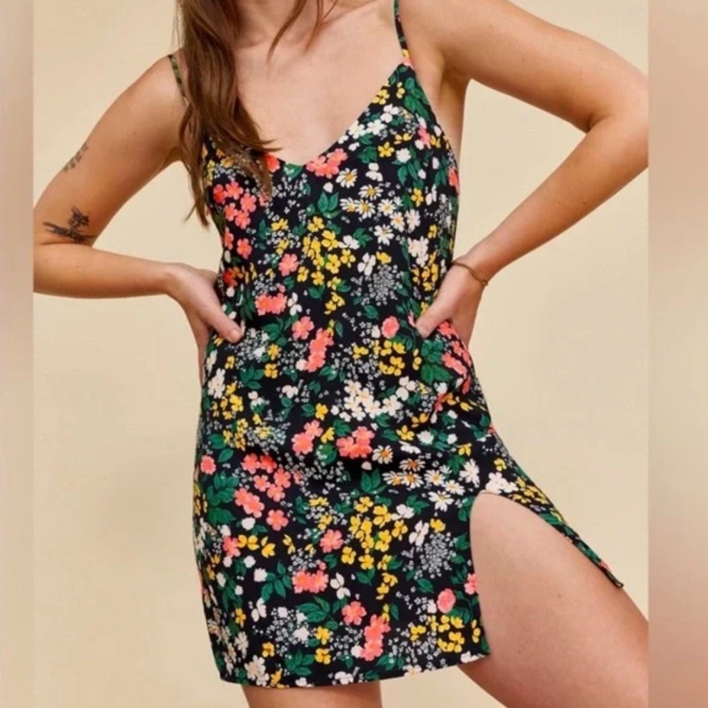 Reformation Marlowe Mini Slip Dress – Black Floral
